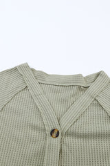 Green Exposed Seam Button Front Waffle Knit Cardigan