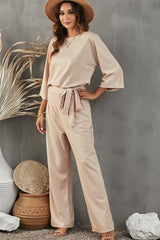 Apricot Boat Neck Knot Wide Leg Jumpsuit