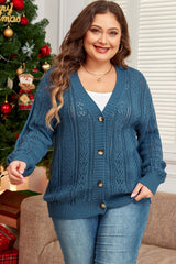 Real Teal Hollow Knit V Neck Button Front Plus Size Cardigan