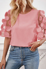 Dusty Pink Applique Mesh Splicing Sleeve Blouse