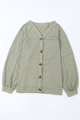 Green Exposed Seam Button Front Waffle Knit Cardigan