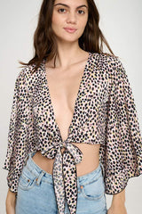 Animal Print Tie-Front Crop Top with Flared Sleeves