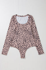 Smoke Gray Leopard Print Scoop Neck Slim Fit Bodysuit