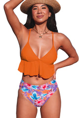 Orange Floral Frill Bikini Set