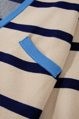 White Stripe Colorblock Drop Shoulder Buttoned Loose Cardigan