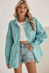 Green Frayed Trim Vintage Rivet Denim Jacket