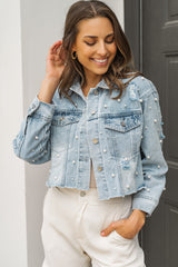 Sky Blue Pearls Beading Cropped Denim Jacket