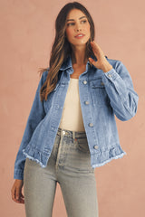 Navy Blue Ruffle Raw Hem Flap Pockets Denim Jacket