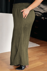 Jungle Green Plus Size Textured Shirred High Waist Pants