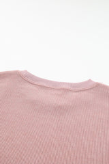 Pink Solid Ribbed Round Neck Pullover Sweatshirt