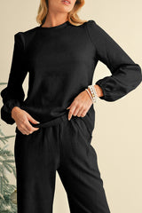 Black Textured Puff Sleeve Top and Pants Set