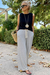 White Striped Casual Drawstring Wide Leg Pants with Pockets