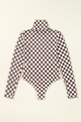 Black Checkered Print Long Sleeve Mock Neck Bodysuit