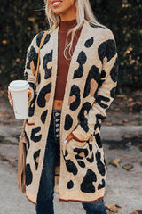 Leopard Print Open Front Pockets Midi Cardigan