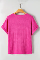 Bright Pink Textured V Neck Batwing Sleeve Plus Size Blouse