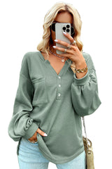 Green Waffle Knit Solid Color Long Sleeve Henley Top