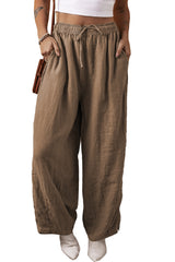 Desert Palm Cotton Linen Drawstring Waist Wide Leg Pants