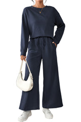 Navy Blue Textured Loose Slouchy Long Sleeve Top and Pants Set