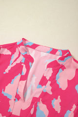 Rose Abstract Print Smocked Puff Sleeve V Neck Peplum Blouse