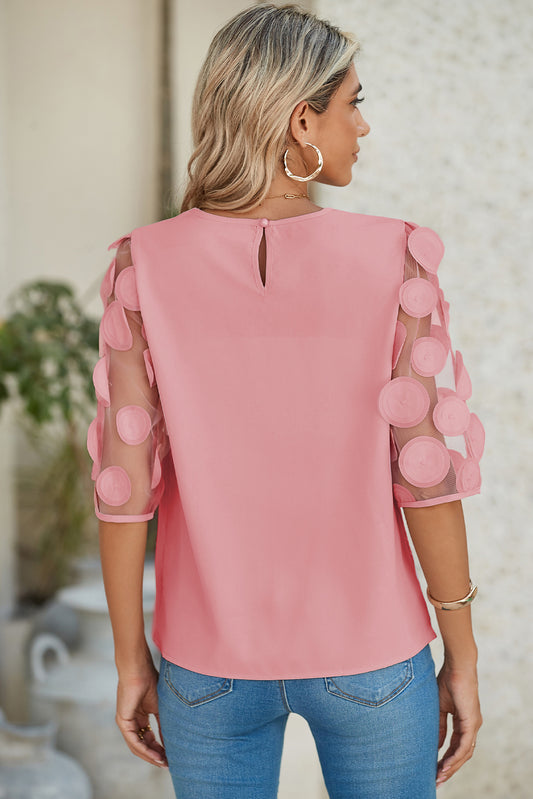 Dusty Pink Applique Mesh Splicing Sleeve Blouse