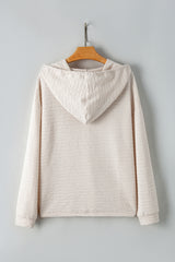 Apricot Solid Color Textured Drawstring Henley Hoodie