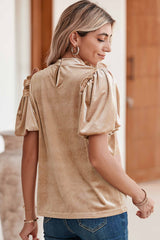 Light Beige Ruched Lantern Sleeve Elegant Blouse