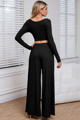 Black Plain Ribbed Crop Top & Wide Leg Pants Two Piece Pants Set