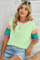 Light Blue Color Block Sleeve Round Neck Oversize Top