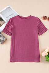 Gray Ribbed Splicing Short Sleeve Round Neck T-shirt