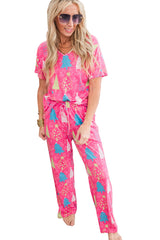 Rose Christmas Tree Print V Neck Tee and Pants Lounge Set