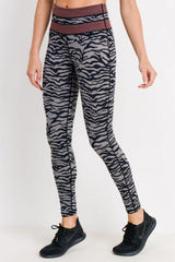 Grey Tiger Print Highwaist Leggings with Striped Band