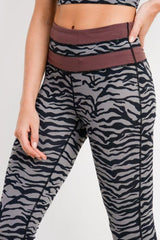 Grey Tiger Print Highwaist Leggings with Striped Band