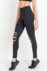 High Waist Laser Cut Ripped Knee Leggings