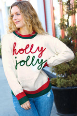 White Holly Jolly Colorblock Trim Drop Shoulder Plus Size Sweater