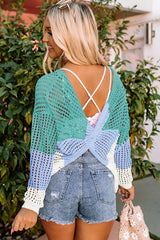 Green Color Block Twisted Back Hollow Out Knit Top