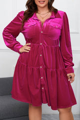 Rose Red Plus Size Velvet Long Sleeve Button-Up Tiered Dress