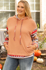 Khaki Geometric Patchwork Waffle Knit Plus Size Hoodie