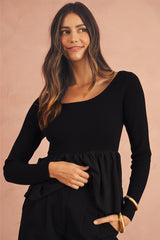 Black Pleated Hem Long Sleeve Ribbed Knit Top