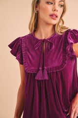 Violet Tied Neck Ruffle Short Sleeve Blouse