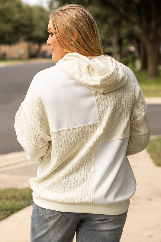 Beige Waffle Textured Patchwork Exposed Seam Plus Size Hoodie