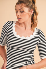 Black Striped Contrast Scallop Trim Half Sleeve T-shirt