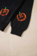 Black Halloween Sequin Pumpkin Pattern Plus Size Sweater