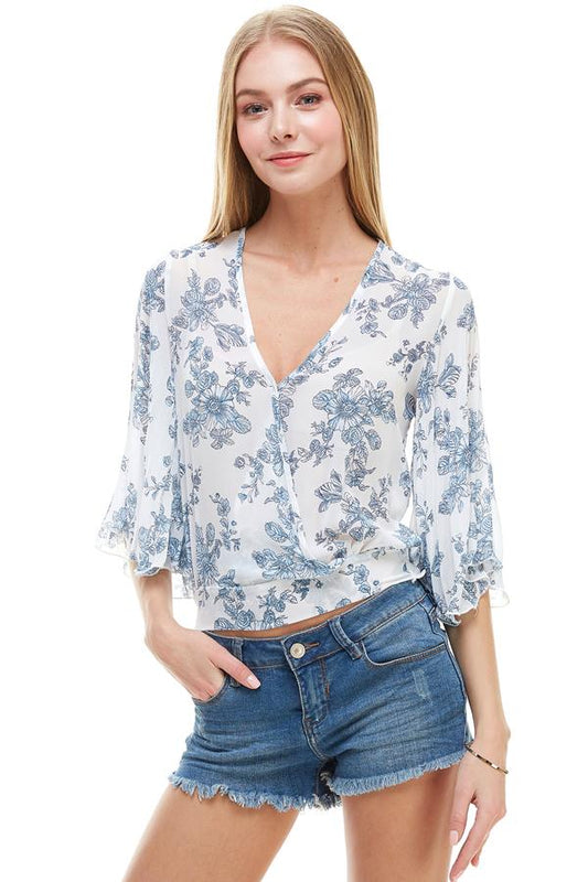 LONG SLEEVE SURPLICE FLORAL TOP