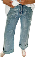 Dusk Blue Star Patched Straight Leg Loose Jeans