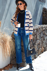 White Stripe Colorblock Drop Shoulder Buttoned Loose Cardigan