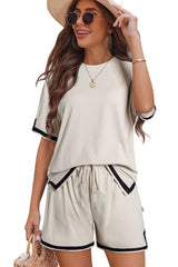 Black Contrast Trim Tee and Drawstring Shorts Set