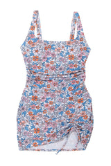 Multicolor Floral Print Drawstring Ruched One Piece Swim Dress