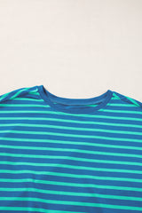 Blue Stripe Patchwork Slits Baggy T Shirt