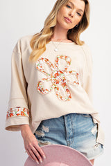 Beige Flower Patched Side Slits Plus Size Top