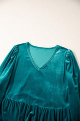 Sea Green Velvet V Neck Puff Sleeve Peplum Blouse